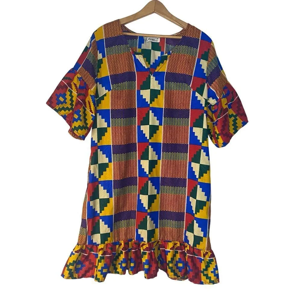 Lapogee African Print Kaftan Colorful Summer Dress Ruffles Size Medium Lagenlook